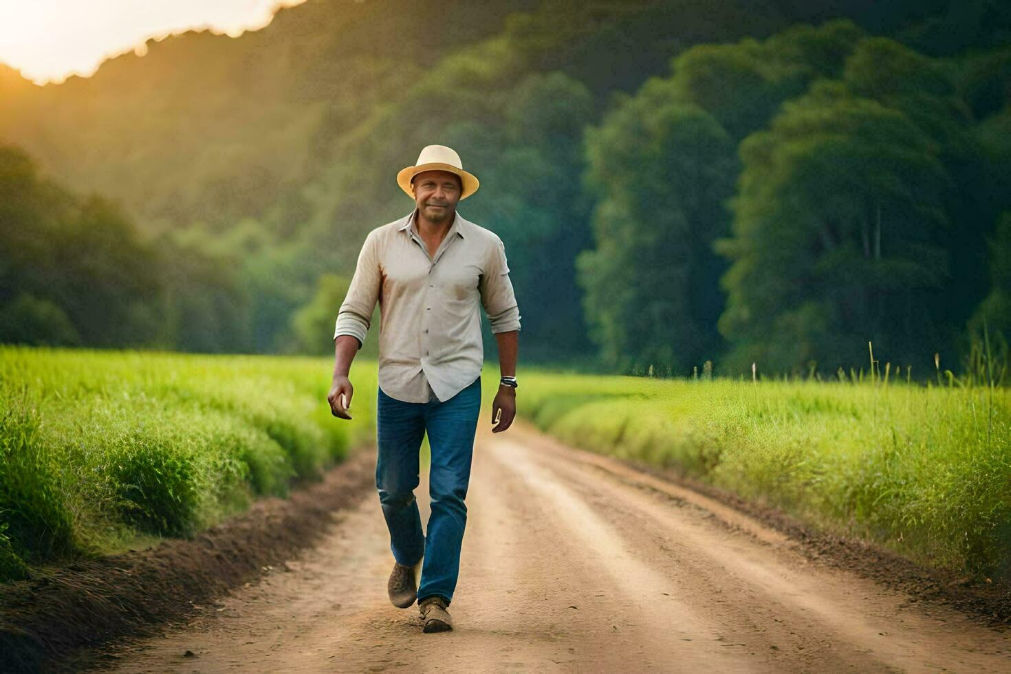 a man in a hat walks down a dirt road. AI-Generated photo