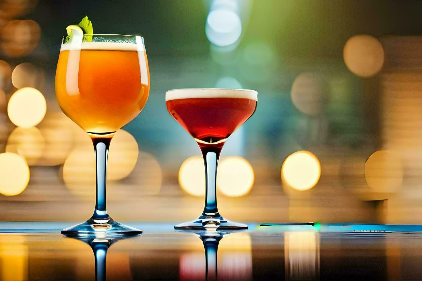 two glasses of alcohol are shown on a table. AI-Generated photo