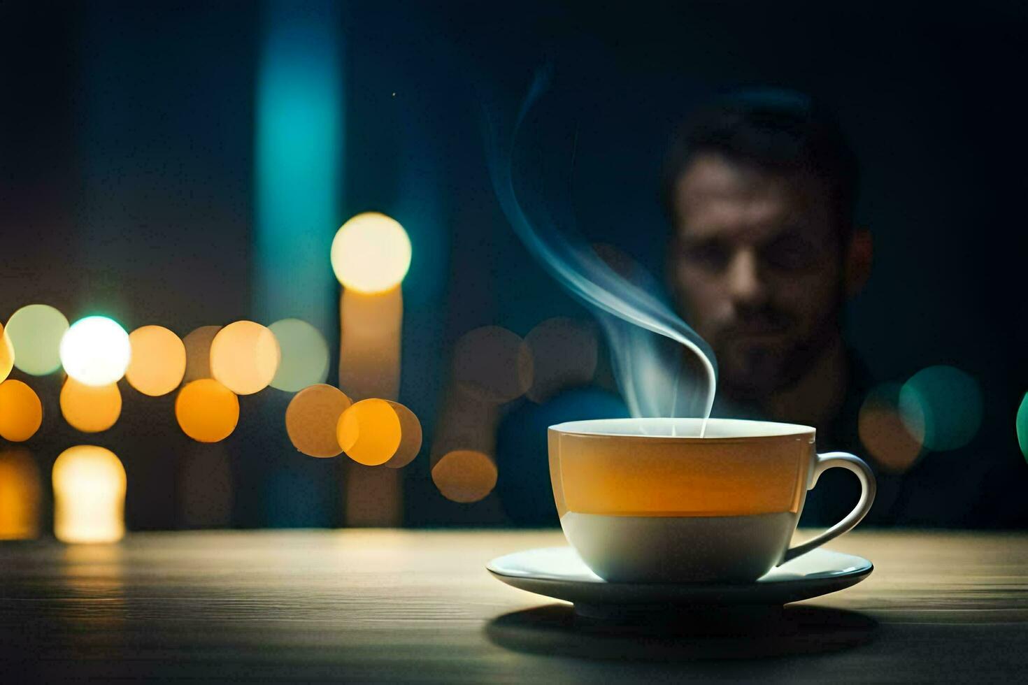 a man is sitting in a coffee cup with steam coming out of it. AI-Generated photo