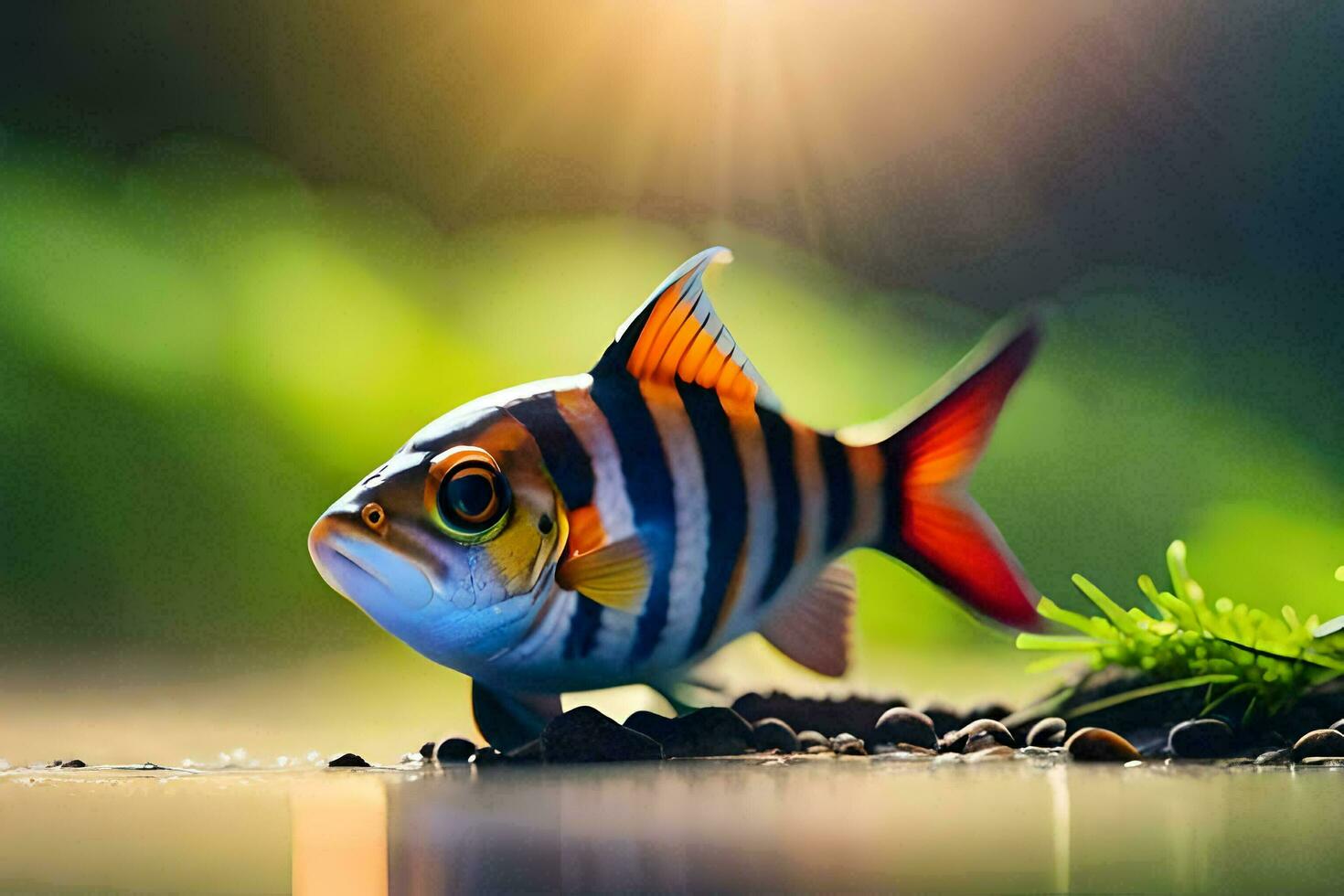 a fish with a black and white striped body is standing on the water. AI-Generated photo