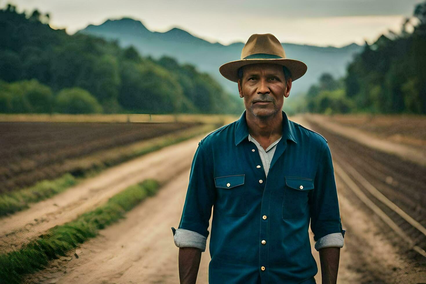 a man in a hat standing in a dirt road. AI-Generated photo