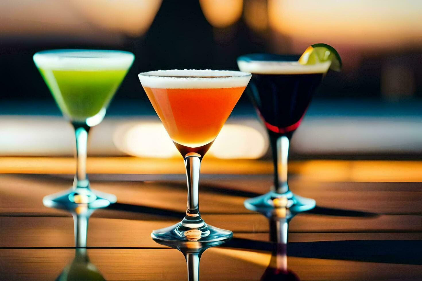 three different colored cocktails sit on a table. AI-Generated photo