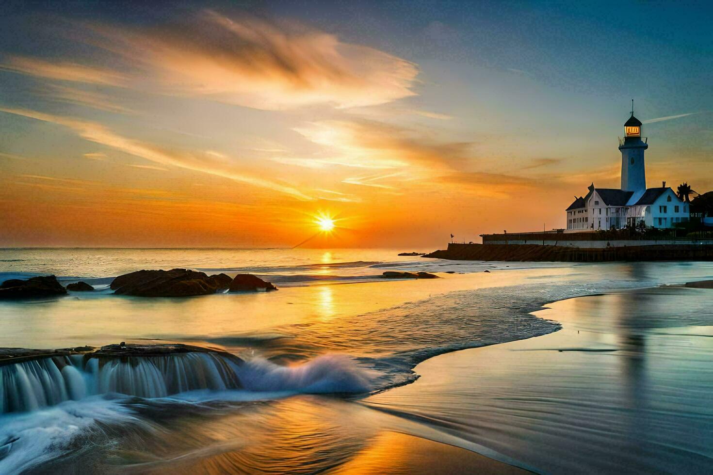 the sun sets over a lighthouse and waves on the beach. AI-Generated photo