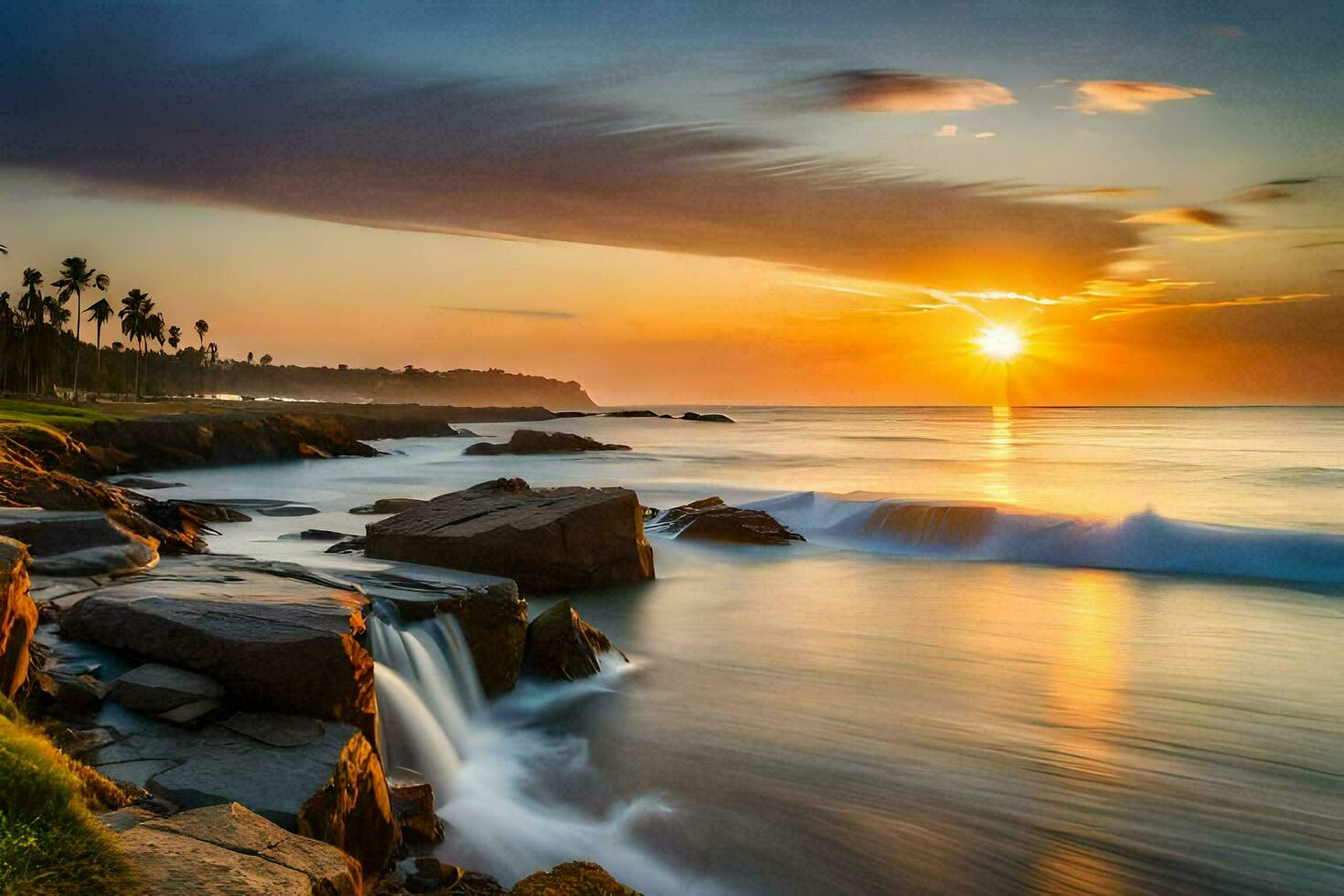 the sun sets over the ocean and rocks. AI-Generated photo