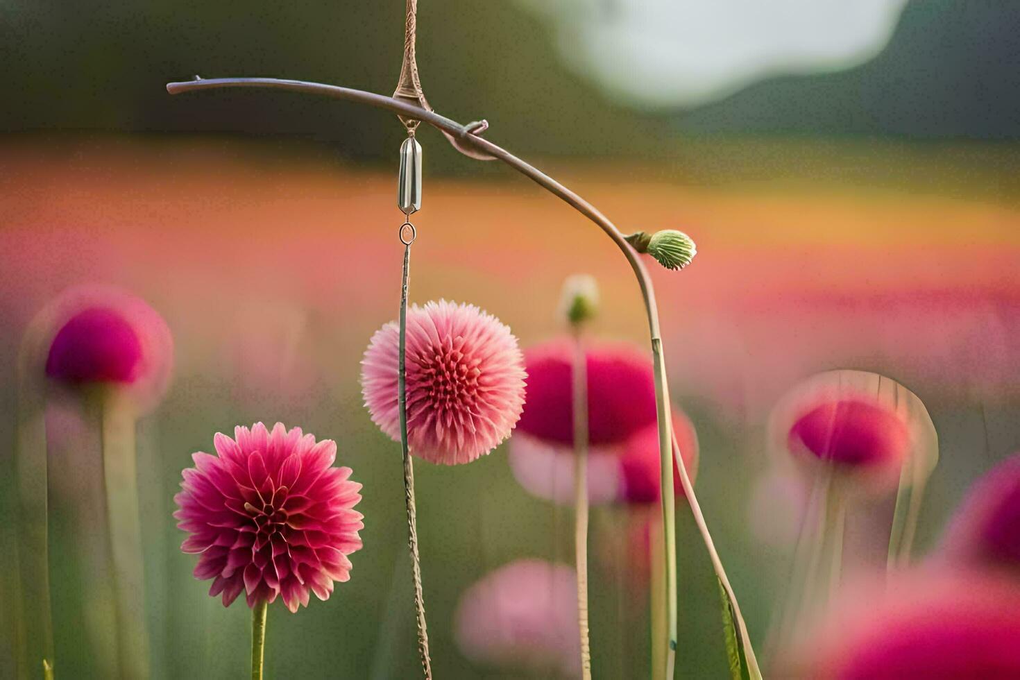 un flor campo con rosado flores y un gancho. generado por ai foto