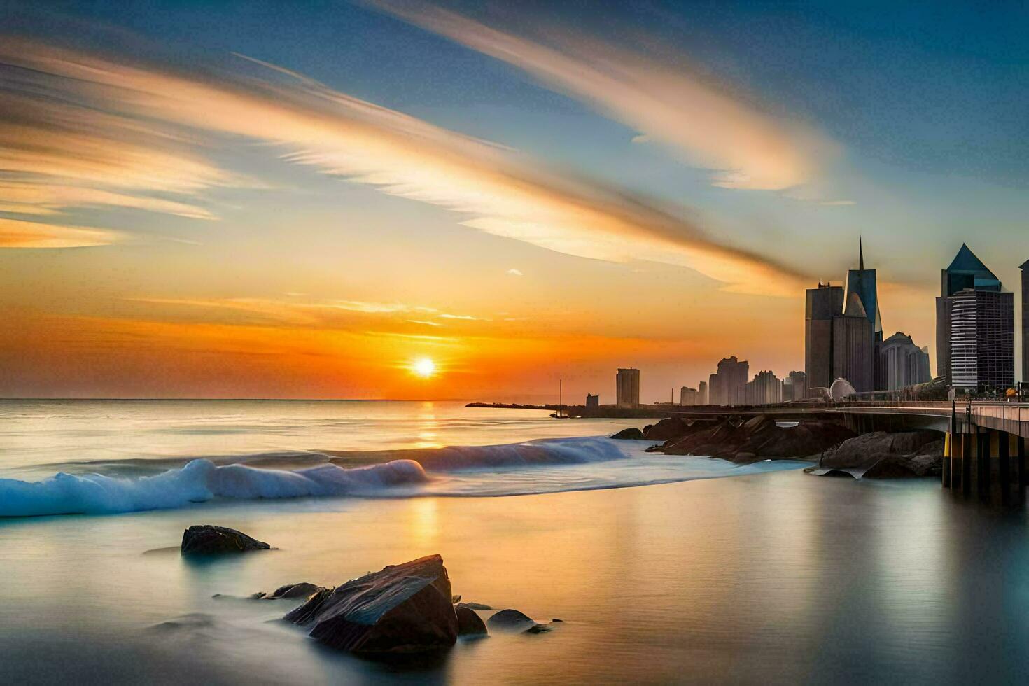 the sun sets over the city skyline in dubai. AI-Generated photo