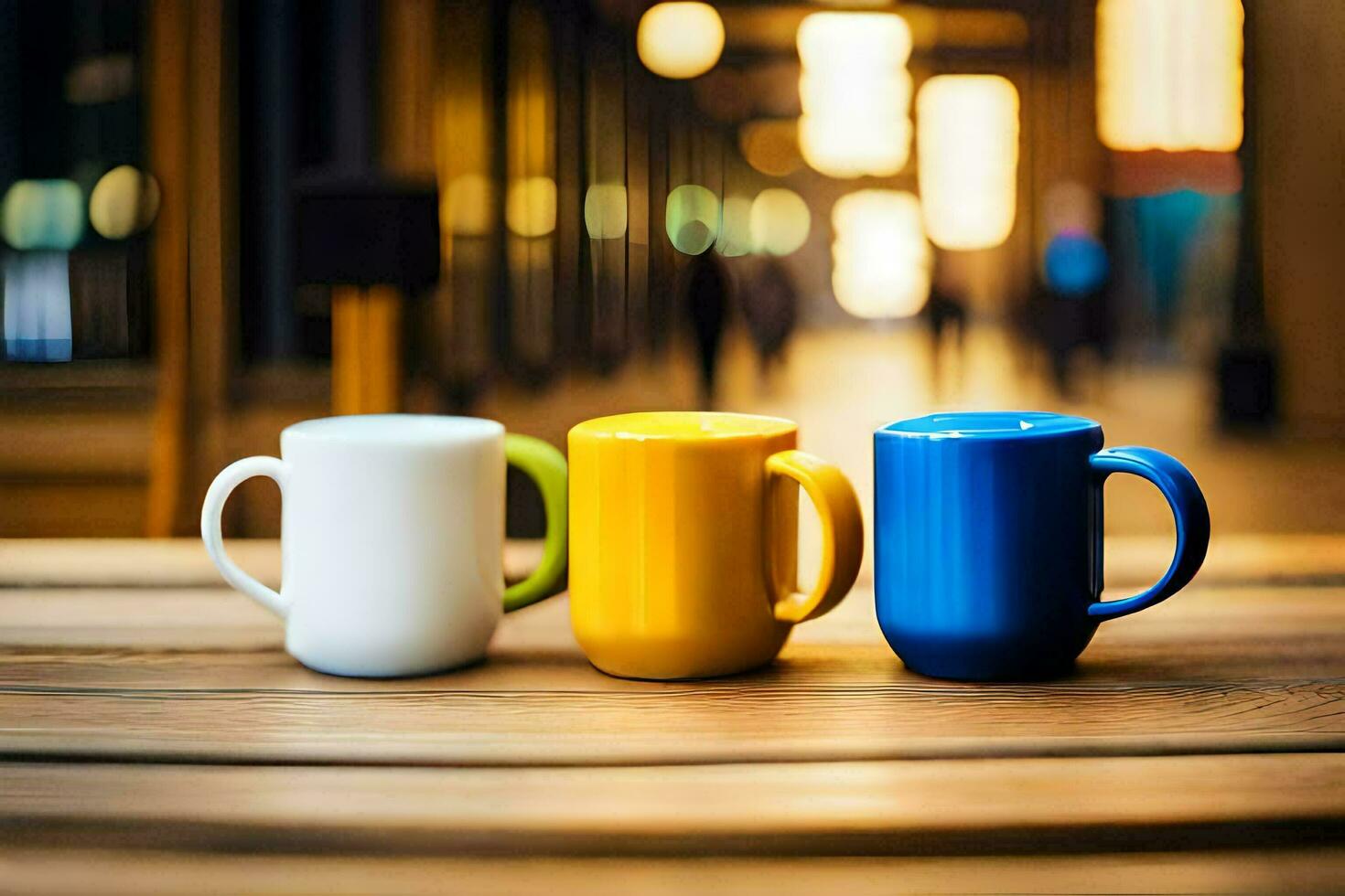 three colorful coffee mugs on a wooden table. AI-Generated photo