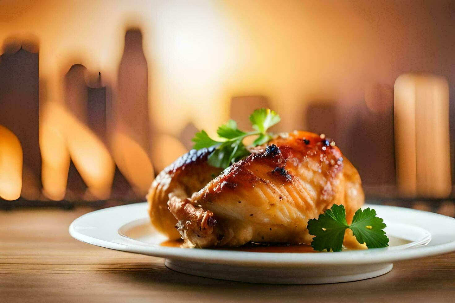 un pollo en un plato con un paisaje urbano en el antecedentes. generado por ai foto