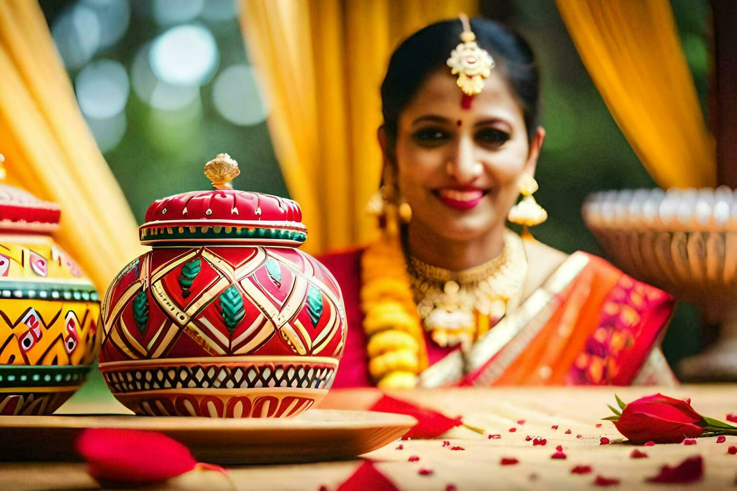 a woman in traditional indian attire sits next to two colorful pots. AI