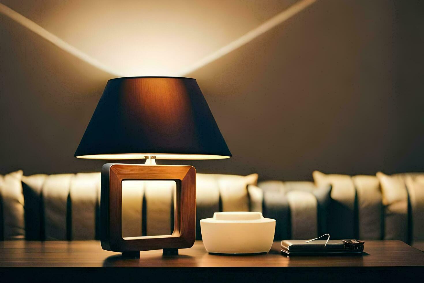 a table lamp on a wooden table. AI-Generated photo