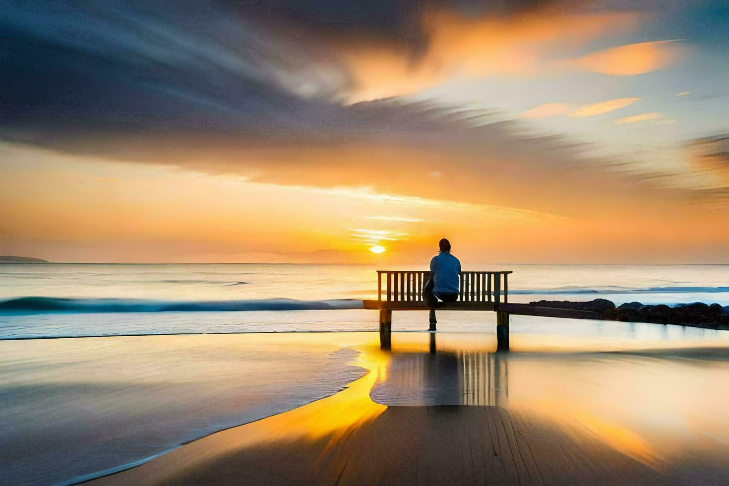 a man sits on a bench overlooking the ocean at sunset. AI-Generated photo