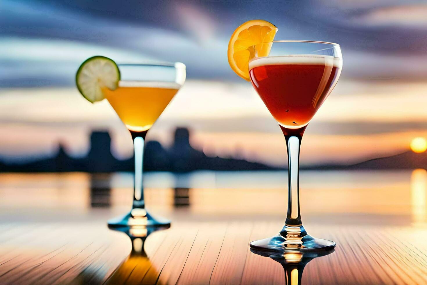 two glasses of alcohol with a sunset in the background. AI-Generated photo