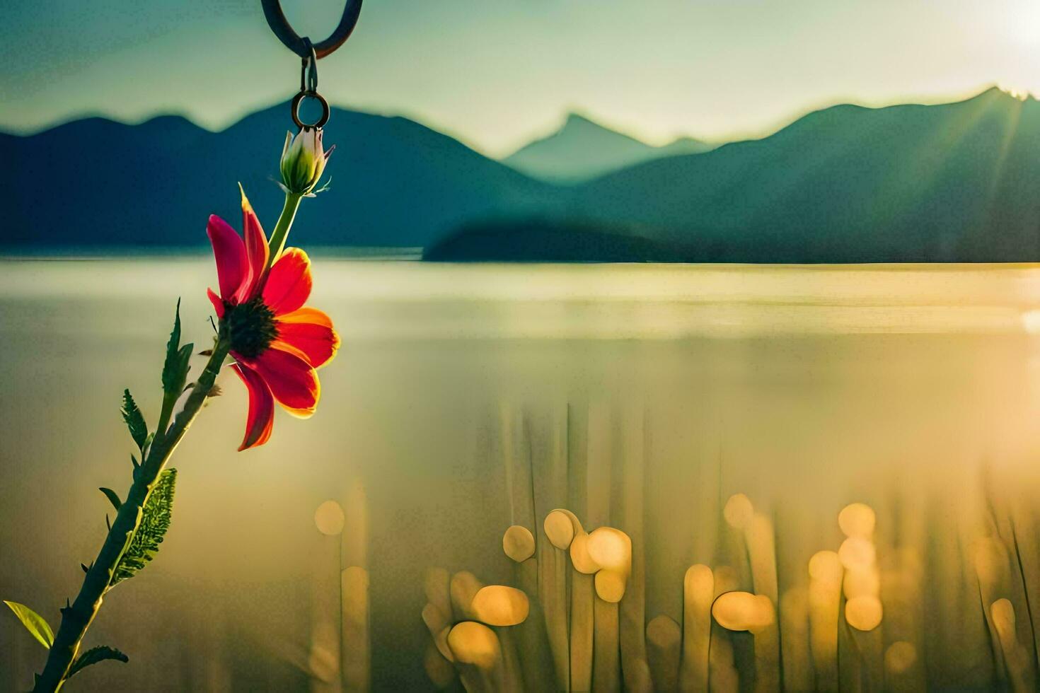 a red flower is hanging from a hook in front of a lake. AI-Generated photo