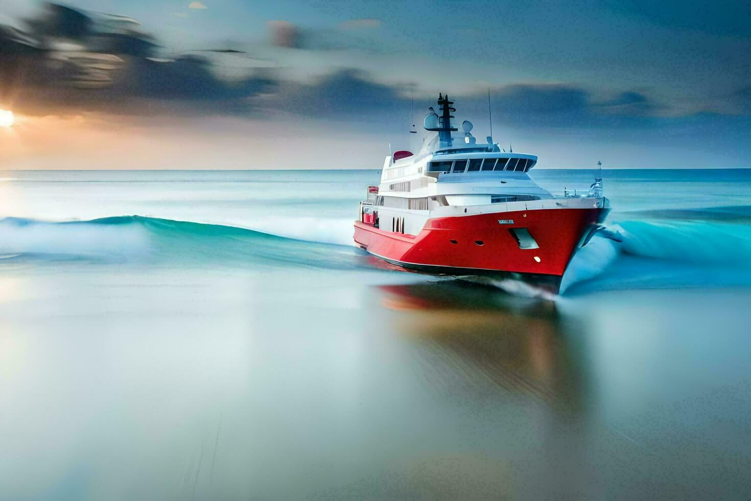 a red boat in the ocean at sunset. AI-Generated photo