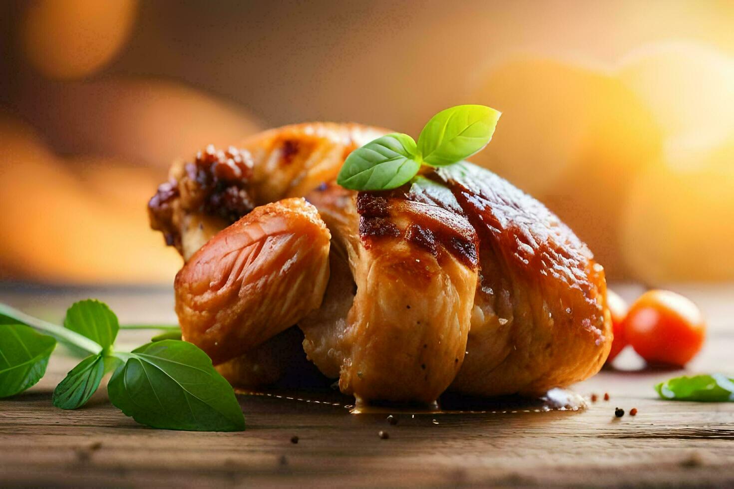 un pollo pecho con Tomates y albahaca en un de madera mesa. generado por ai foto