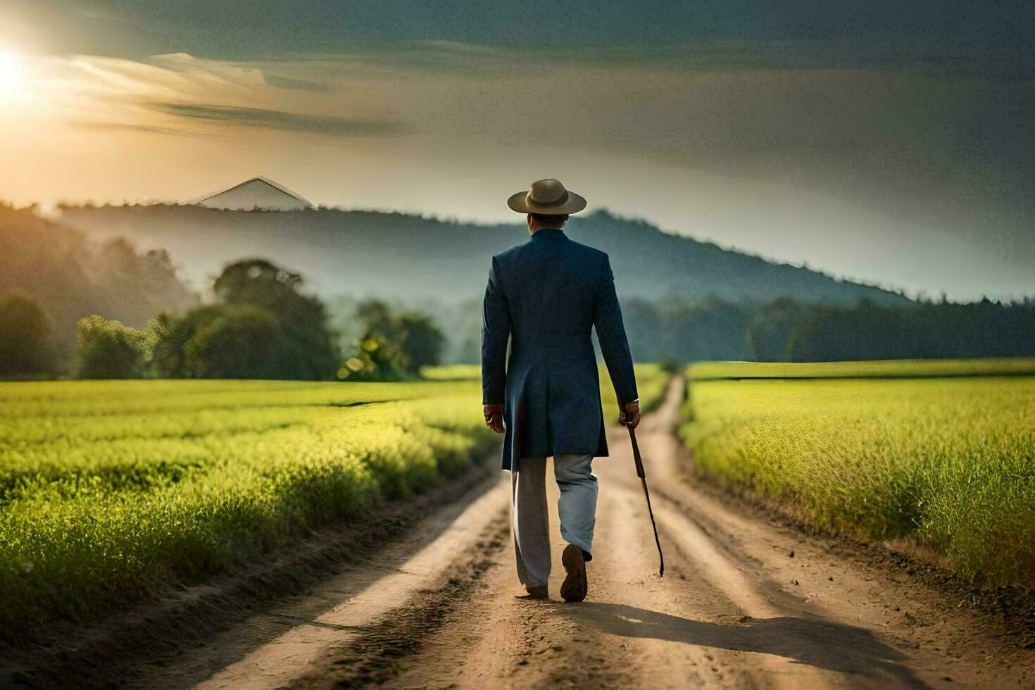 a man in a suit and hat walking down a dirt road. AI-Generated photo