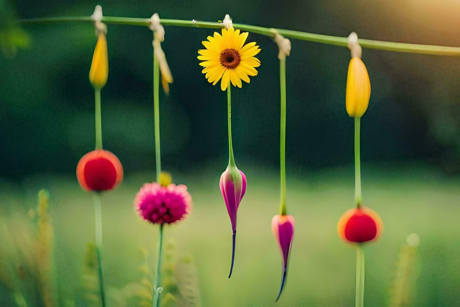 colorful flowers hanging from a wire in a field. AI-Generated photo