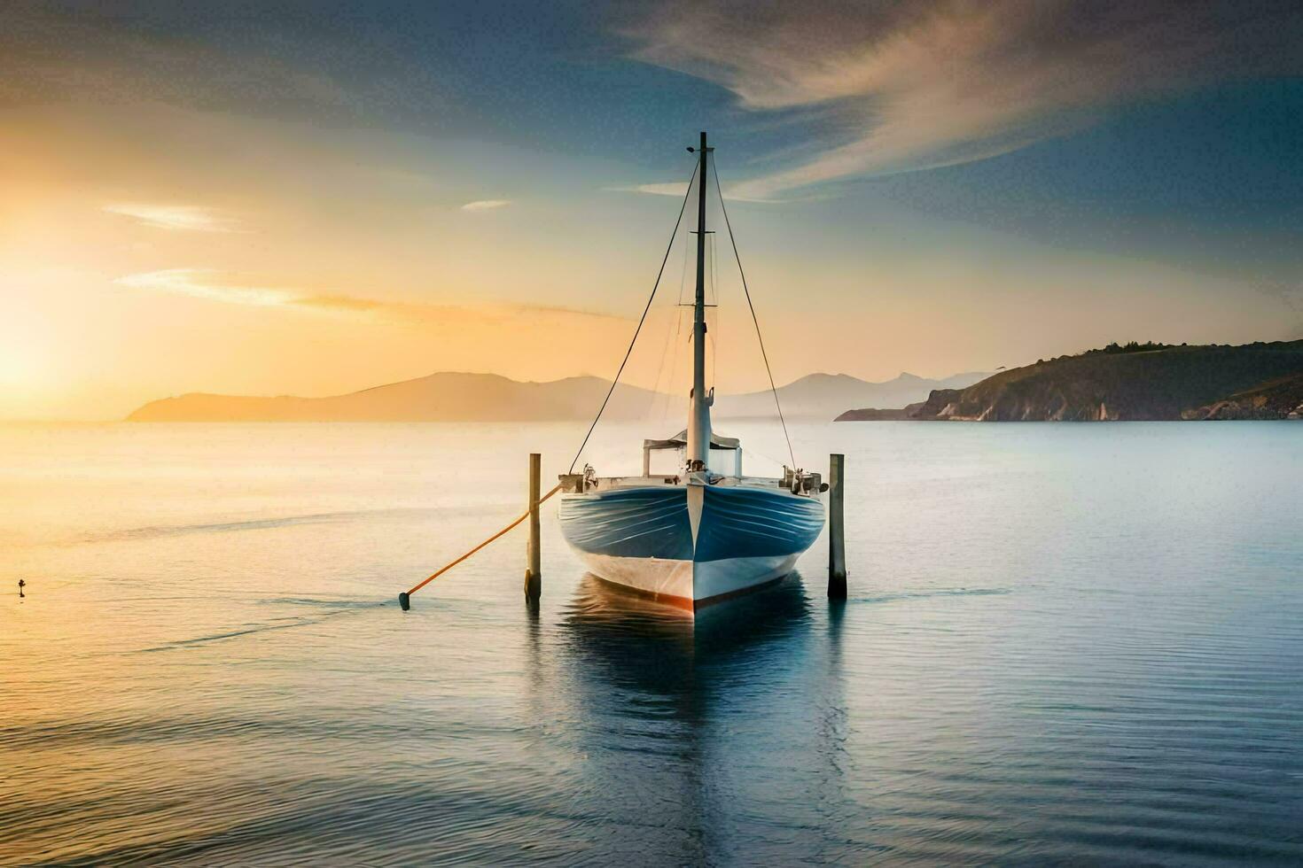 a boat sits in the water at sunset. AI-Generated photo