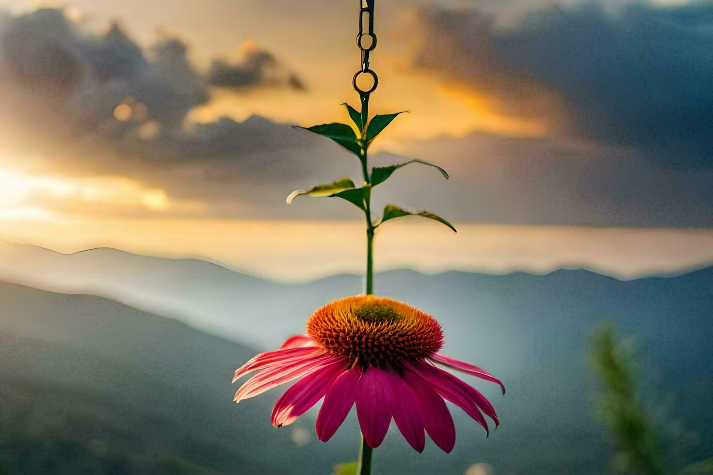 a pink flower is hanging from a chain in front of a mountain. AI-Generated photo