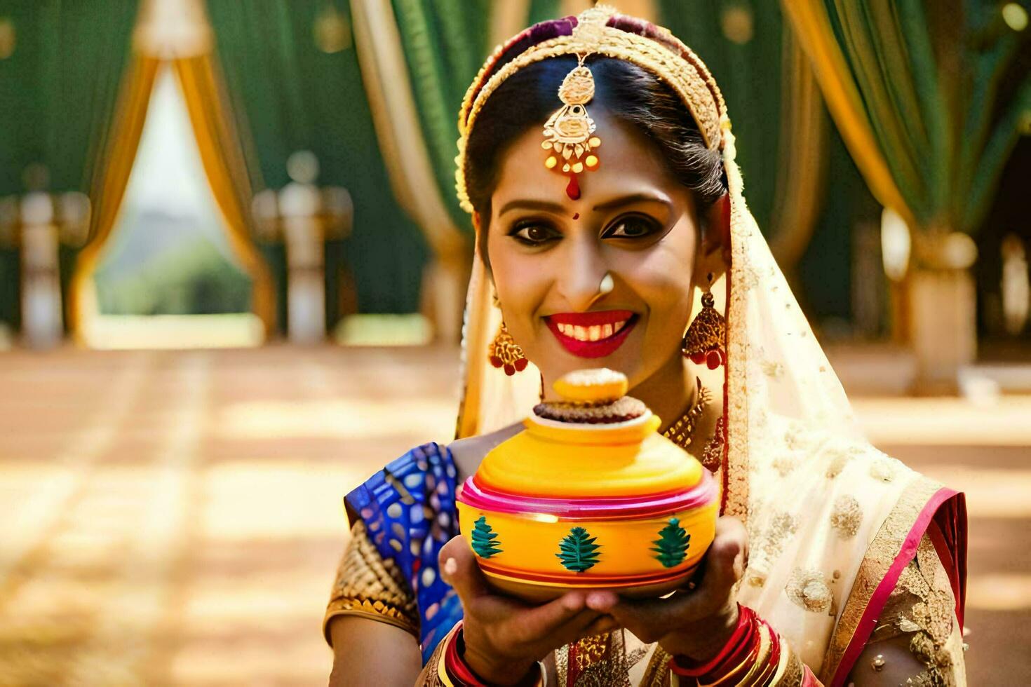 a woman in traditional indian attire holding a pot. AI-Generated photo