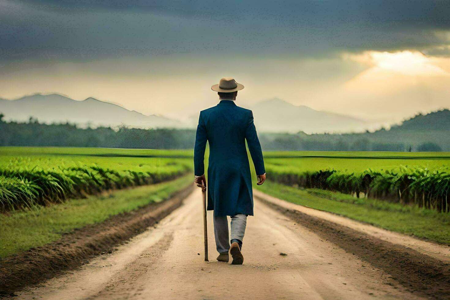 a man in a suit and hat walking down a dirt road. AI-Generated photo