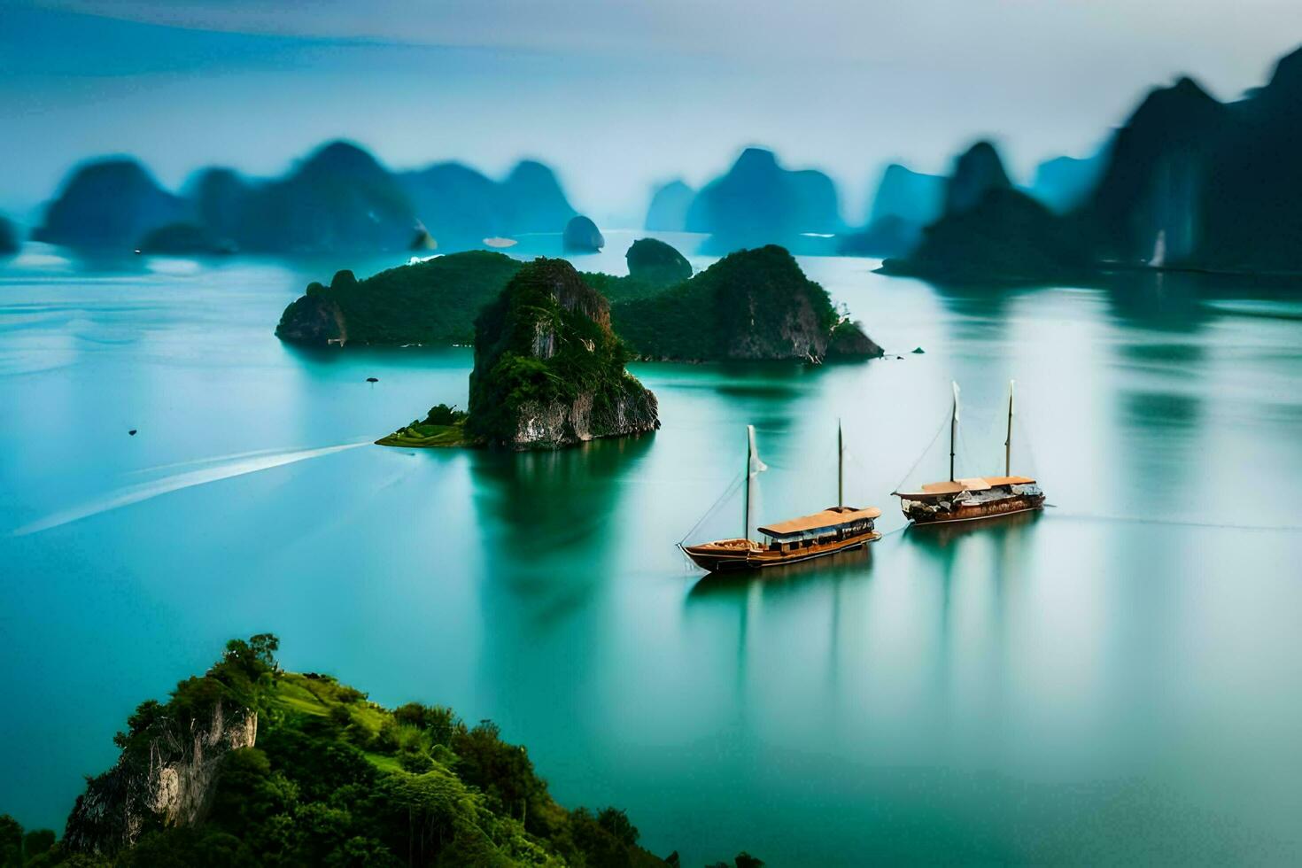 dos barcos en el agua cerca algunos montañas. generado por ai foto