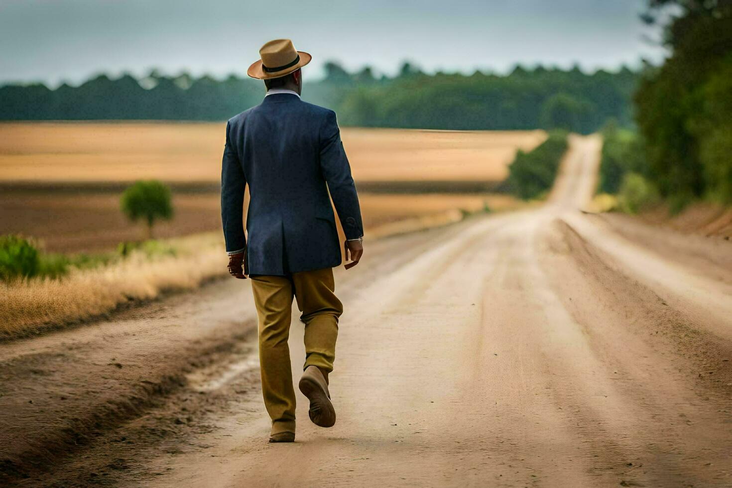 a man in a suit and hat walking down a dirt road. AI-Generated photo