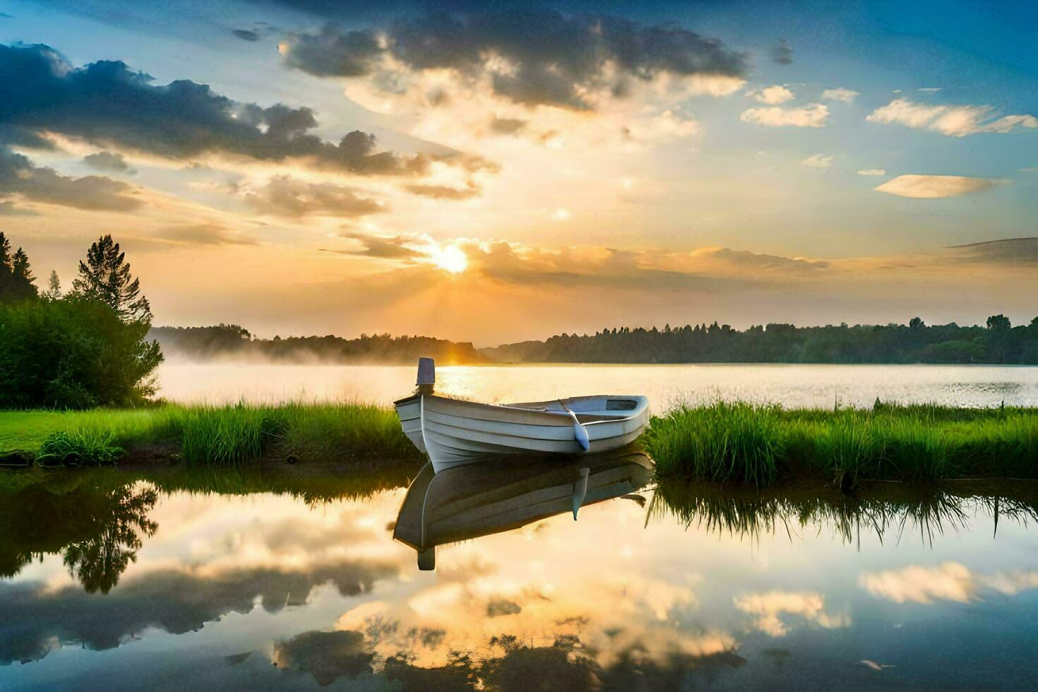 a boat sits on the shore of a lake at sunset. AI-Generated photo
