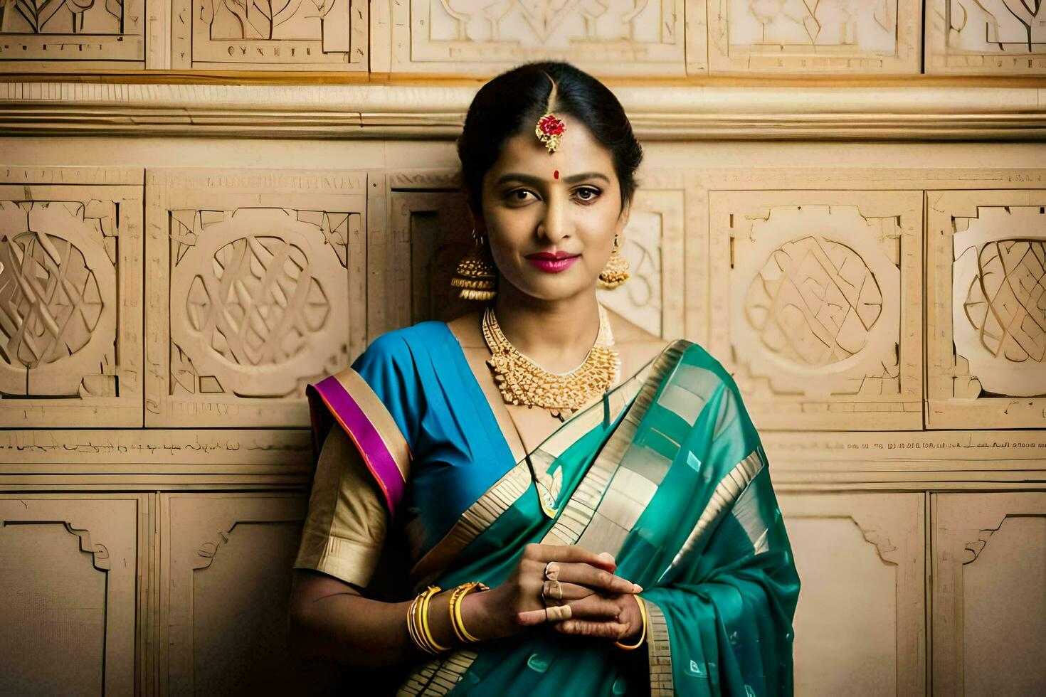 a woman in a traditional sari poses for a photo. AI-Generated photo