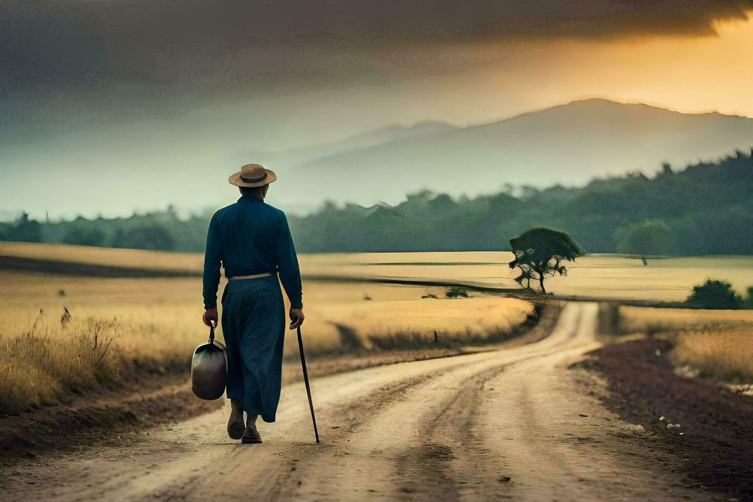 un hombre caminando abajo un suciedad la carretera con un caña. generado por ai foto