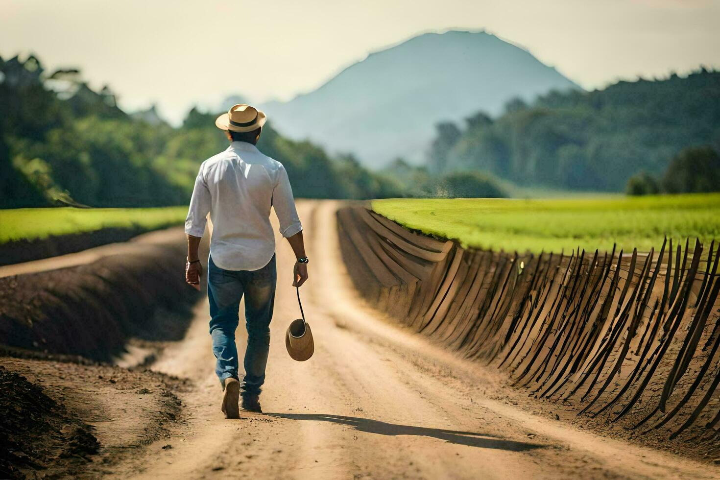 un hombre caminando abajo un suciedad la carretera con un sombrero en. generado por ai foto