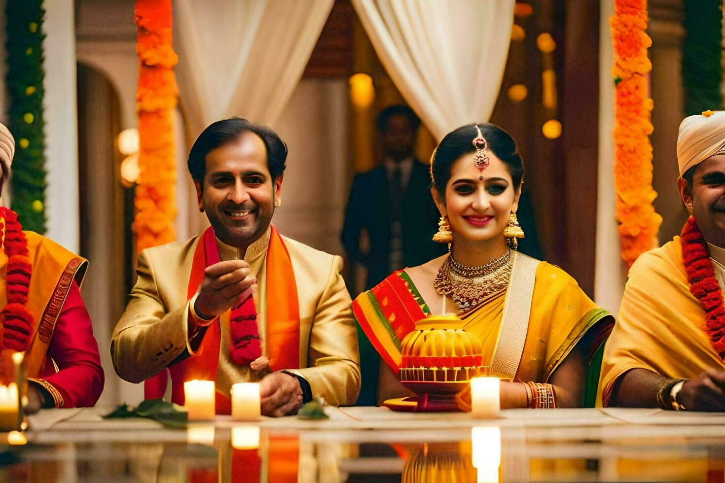 a couple and their friends are dressed in traditional indian attire. AI-Generated photo