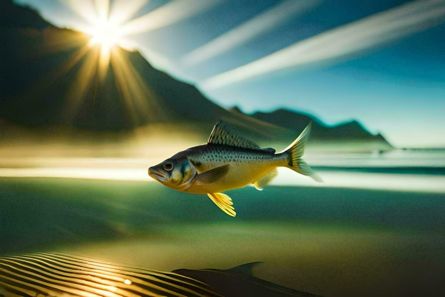 a fish is flying over the ocean at sunset. AI-Generated photo