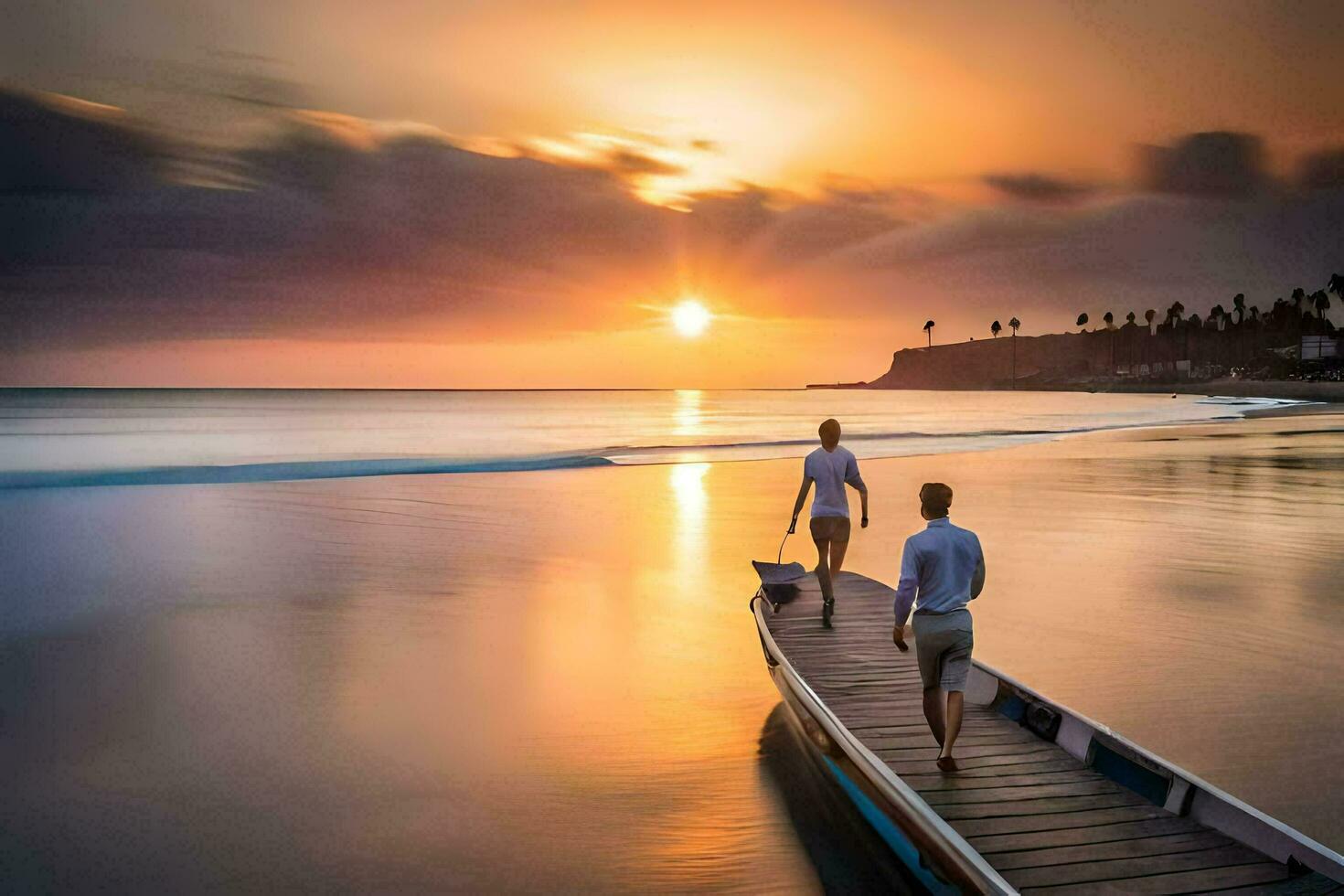 two men walk on the beach at sunset. AI-Generated photo