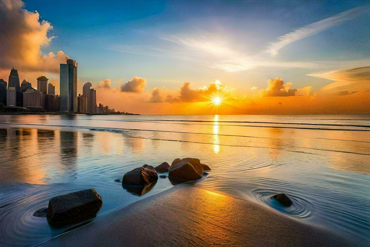 the sun sets over the city skyline in dubai. AI-Generated photo