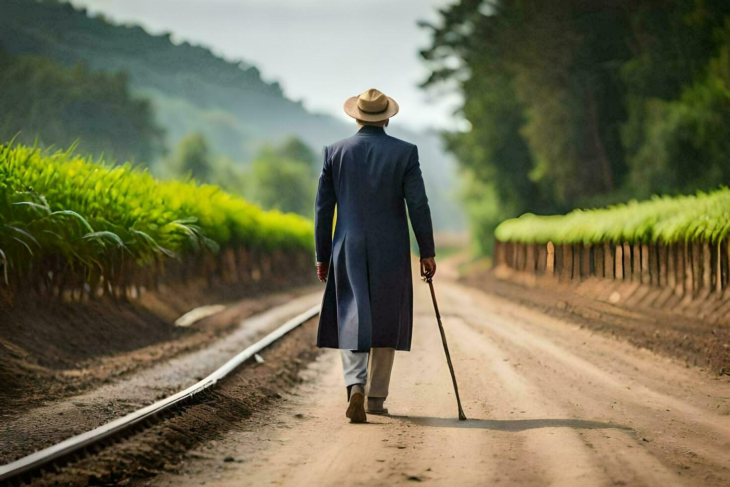 a man in a suit and hat walking down a dirt road. AI-Generated photo