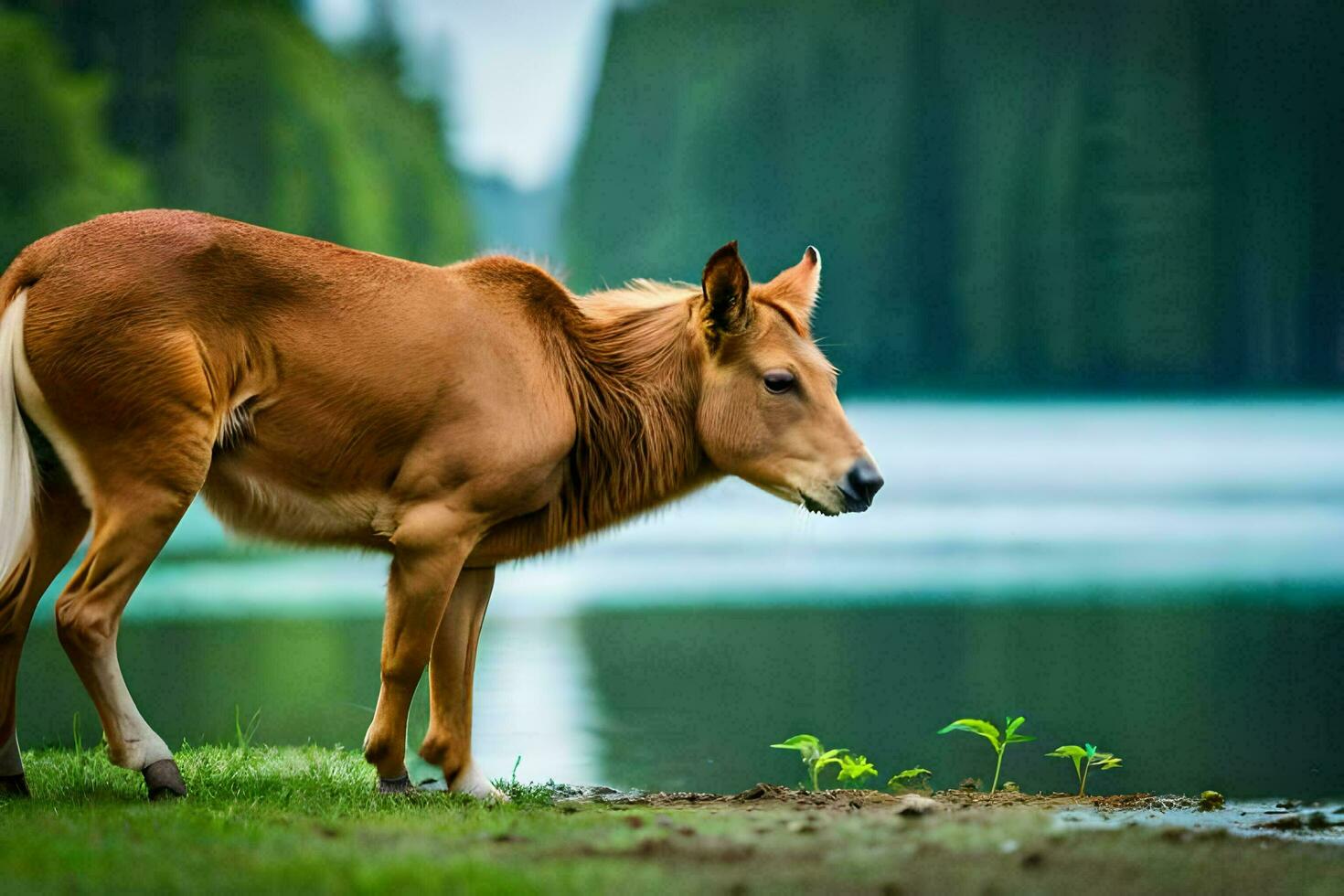 a brown cow standing next to a lake. AI-Generated photo