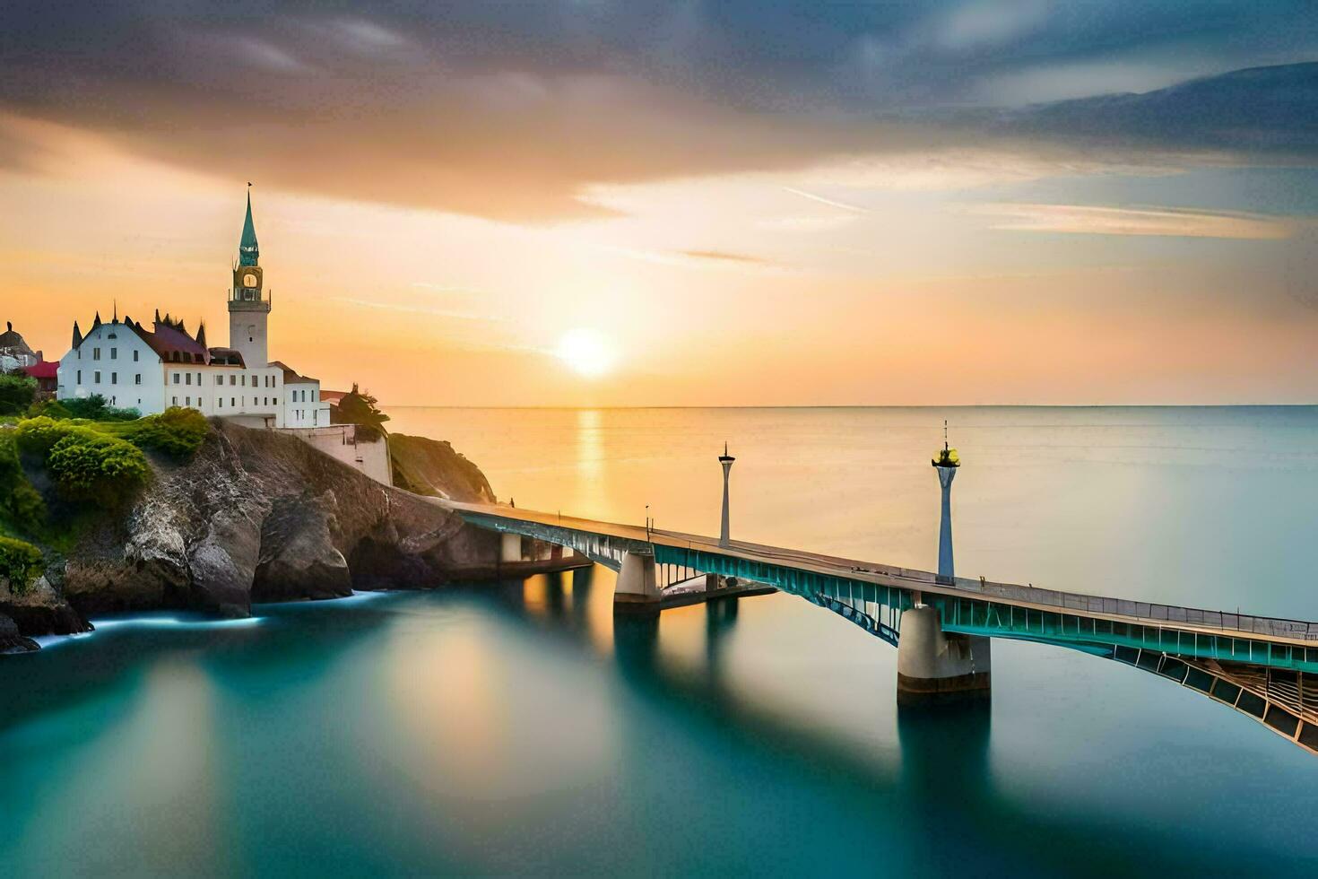 el Dom conjuntos terminado un puente y un iglesia. generado por ai foto