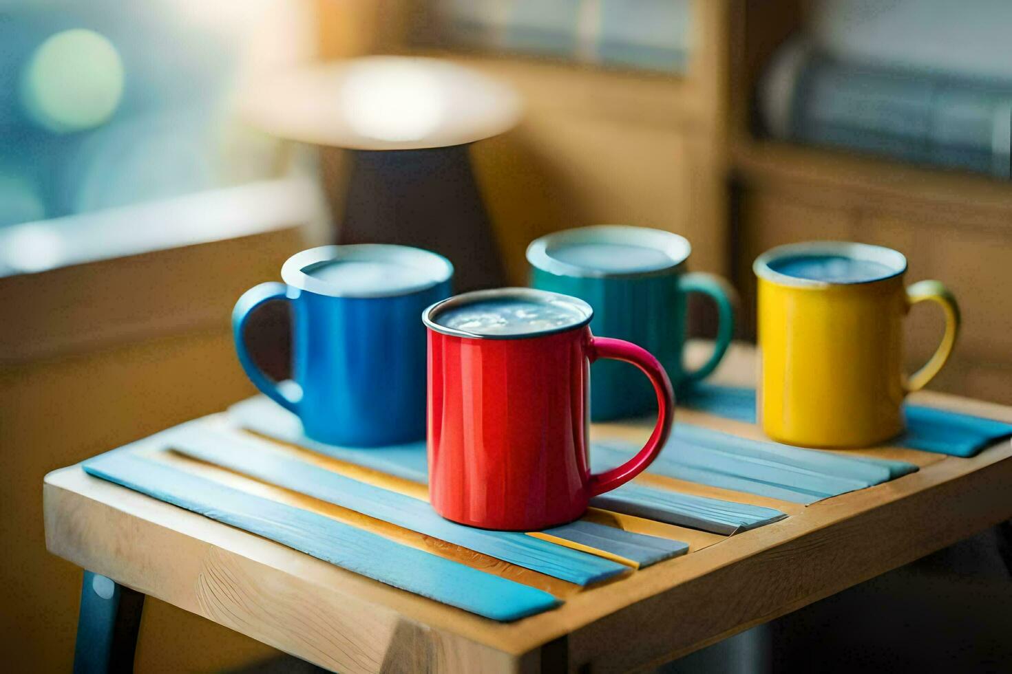 four colorful mugs on a wooden table. AI-Generated photo