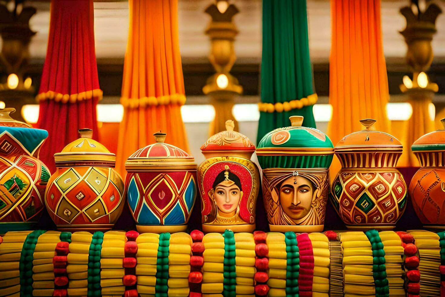 colorful pots with painted faces on them are on display. AI-Generated photo