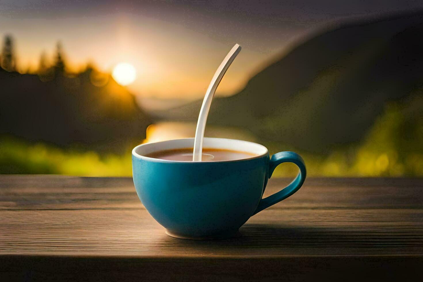 a cup of coffee on a wooden table. AI-Generated photo