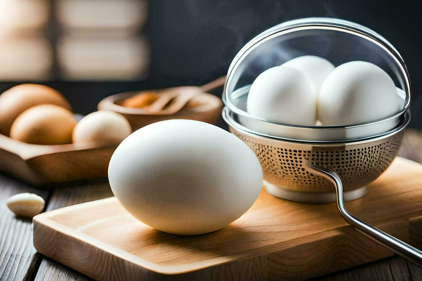 eggs in a strainer on a cutting board. AIGenerated 32570876 Stock