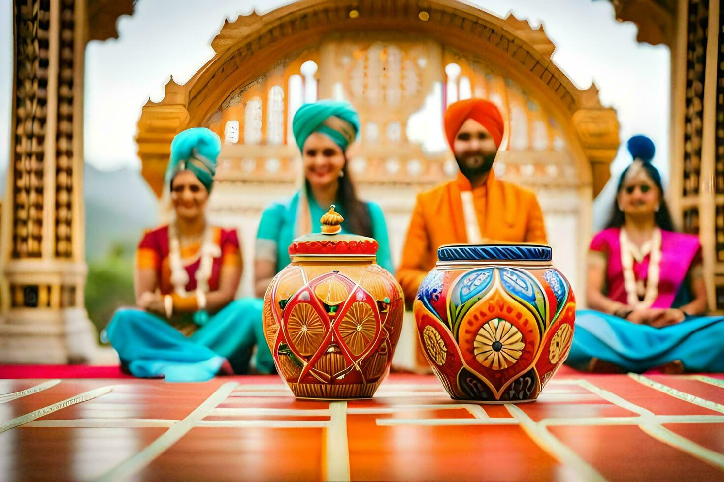 a group of people in colorful turbans sitting on the floor. AI-Generated photo