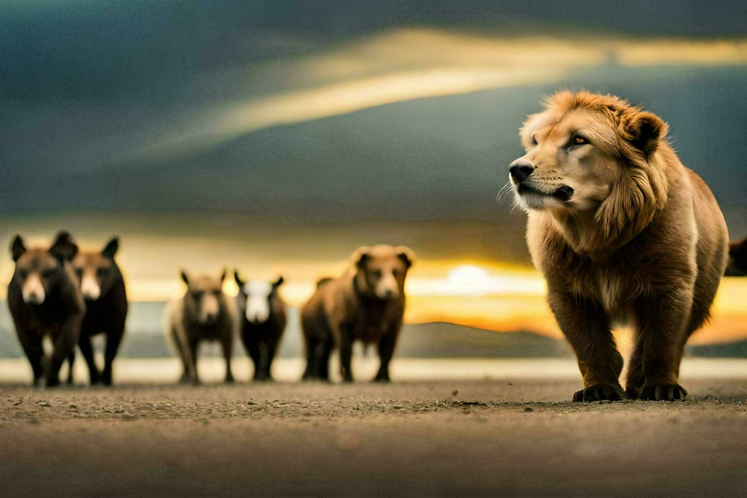 a lion and a group of horses walk on the beach. AI-Generated photo