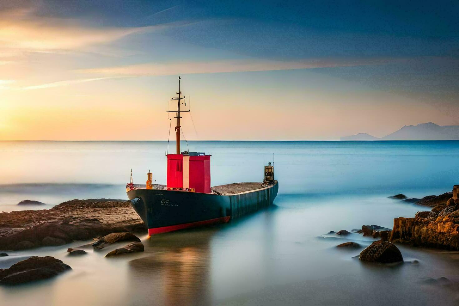 a boat sits on the rocks at sunset. AI-Generated photo