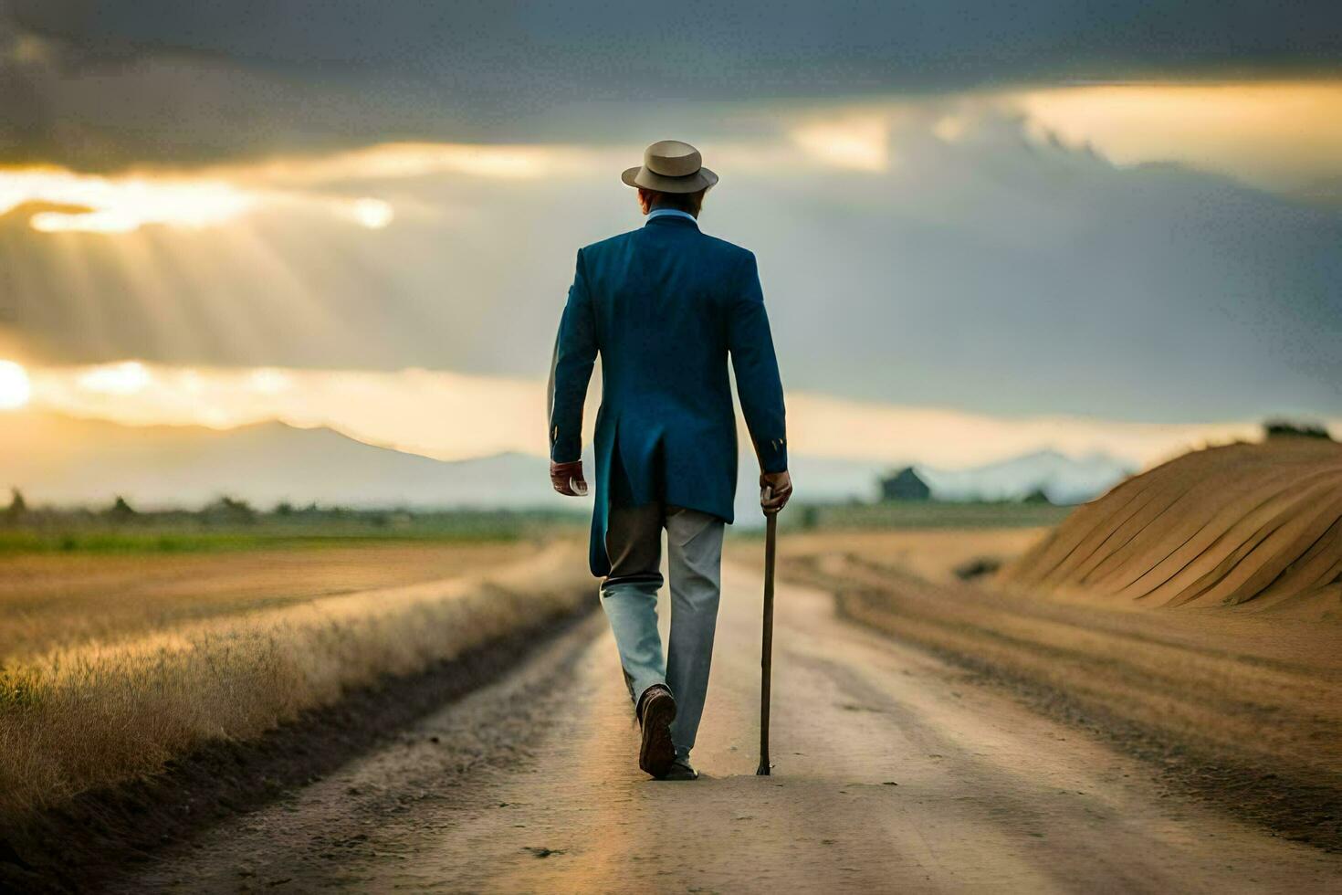 a man in a suit walks down a dirt road. AI-Generated photo