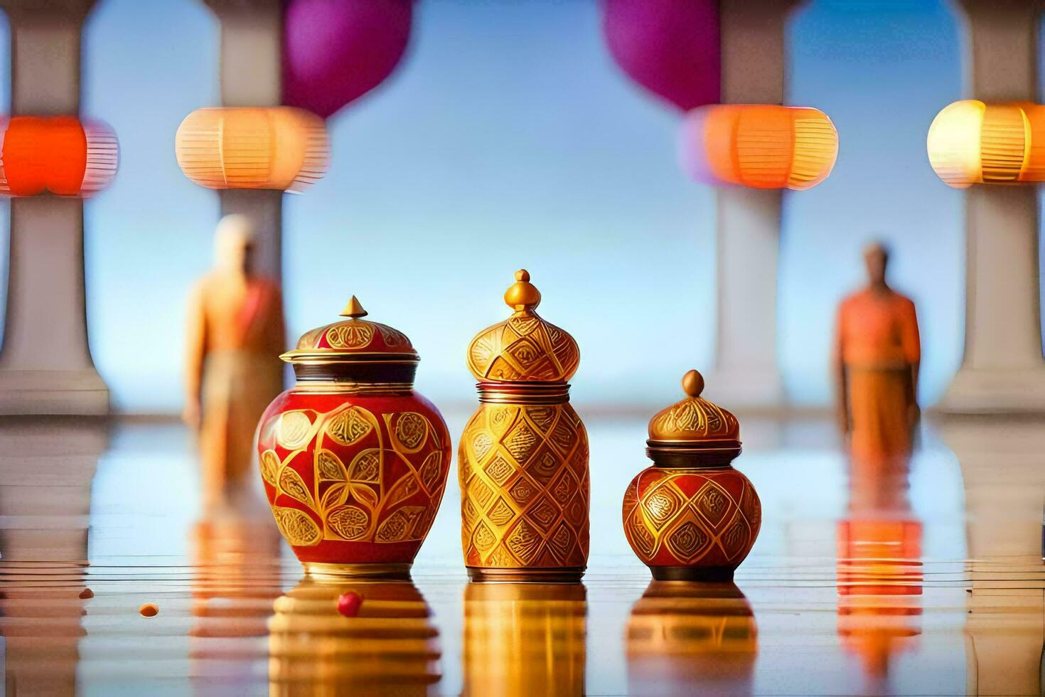three vases with colorful lanterns on the floor. AI-Generated photo