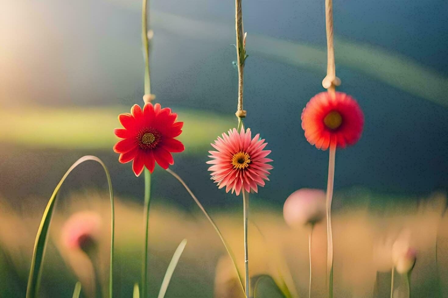 three red flowers hanging from a string in a field. AI-Generated photo