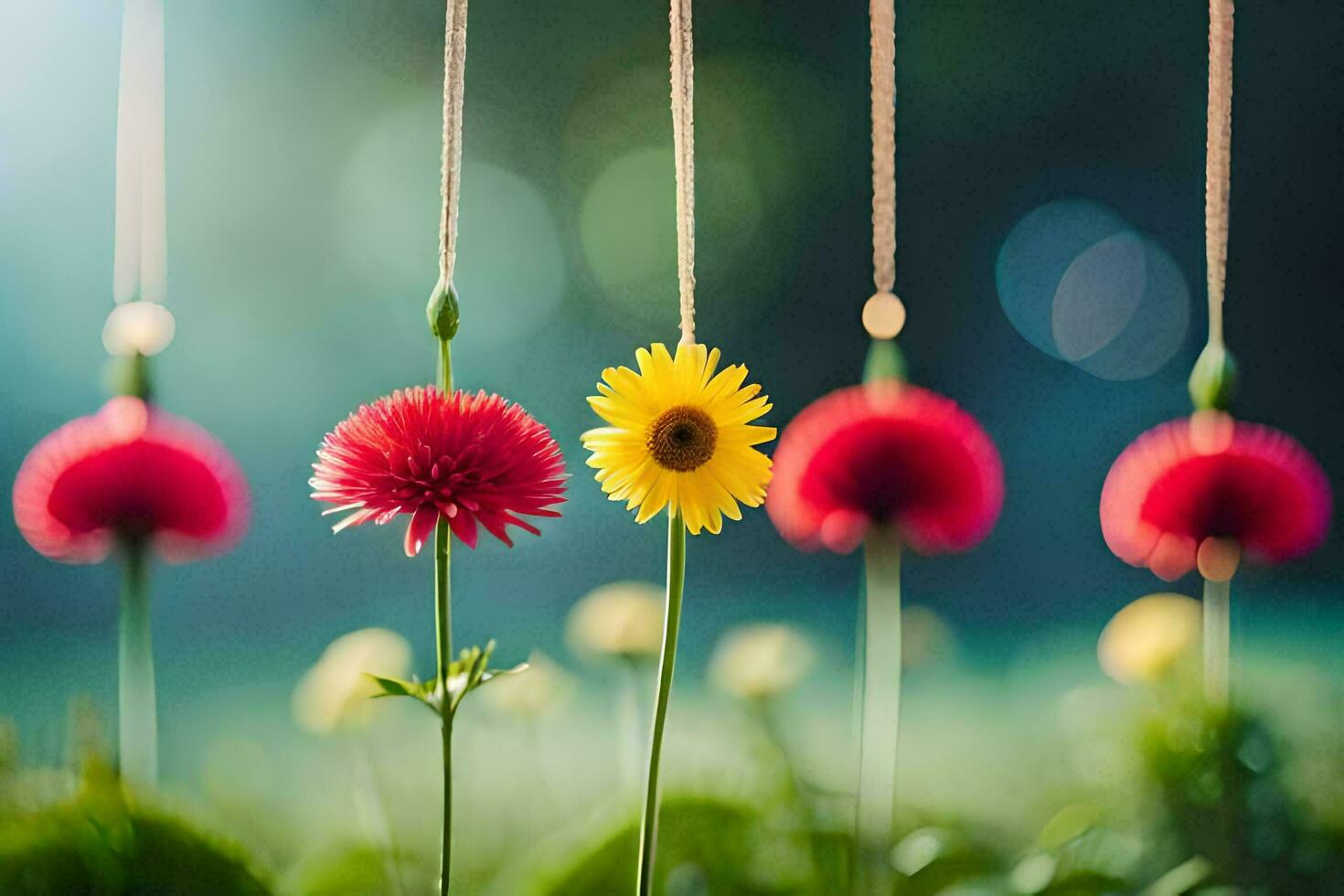 colorful flowers hanging from strings in a field. AI-Generated photo