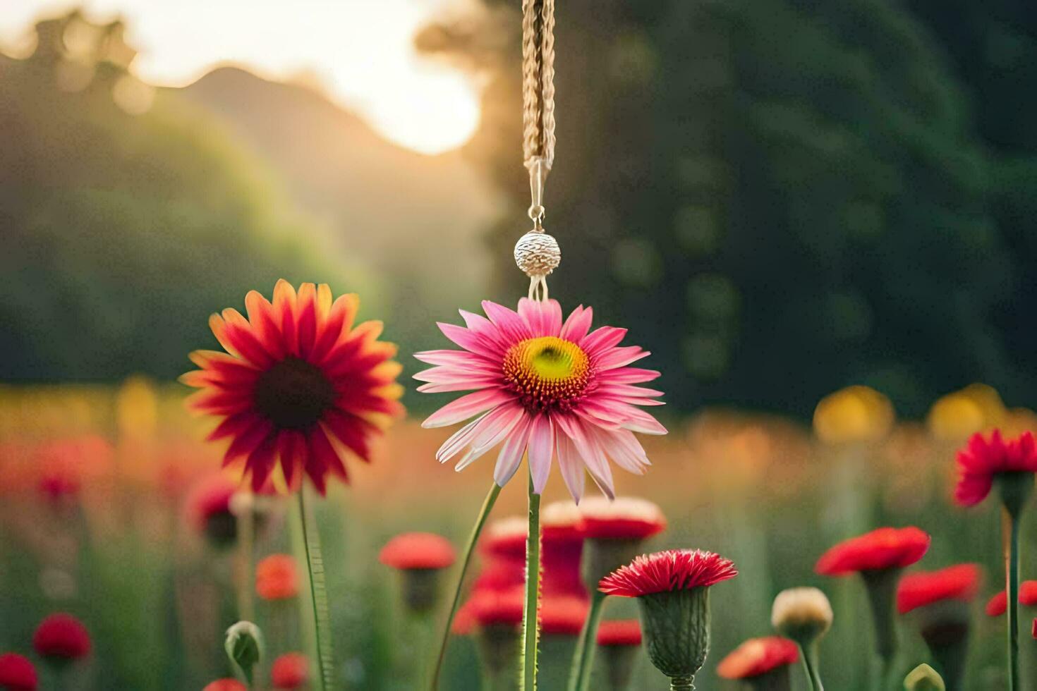 a necklace hanging from a flower in a field. AI-Generated photo